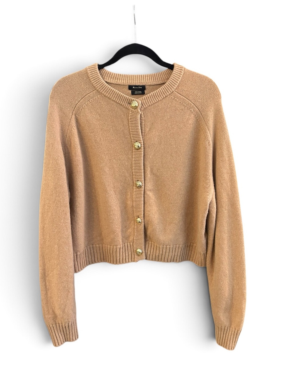 Massimo Dutti Cropped Camel Button-Front Cardigan with Gold Buttons